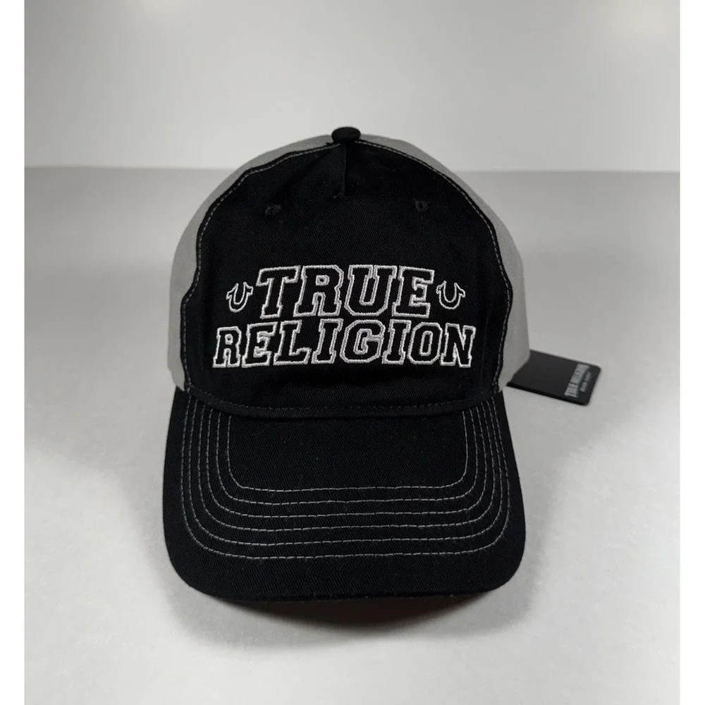 TRUE‎ RELIGION Embroidered Trucker Strapback Hat Cap Black Gray Men's *NEW* $59
